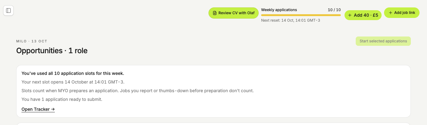 Example Opportunities page showing weekly applications used, the next reset and the Add 40 application-pack button.