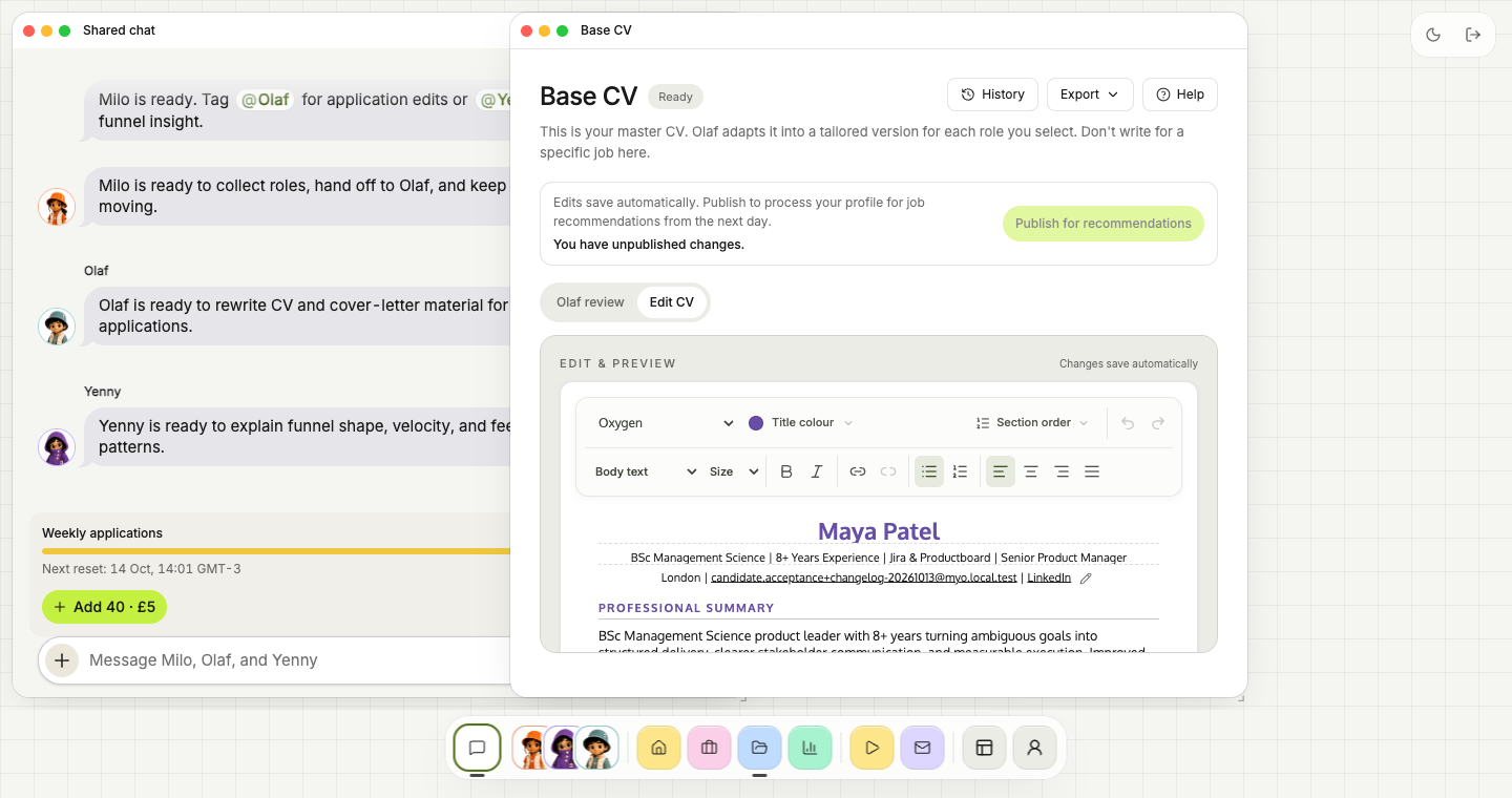 Canvas with shared crew chat and the CV editor in separate windows, above the original floating dock.