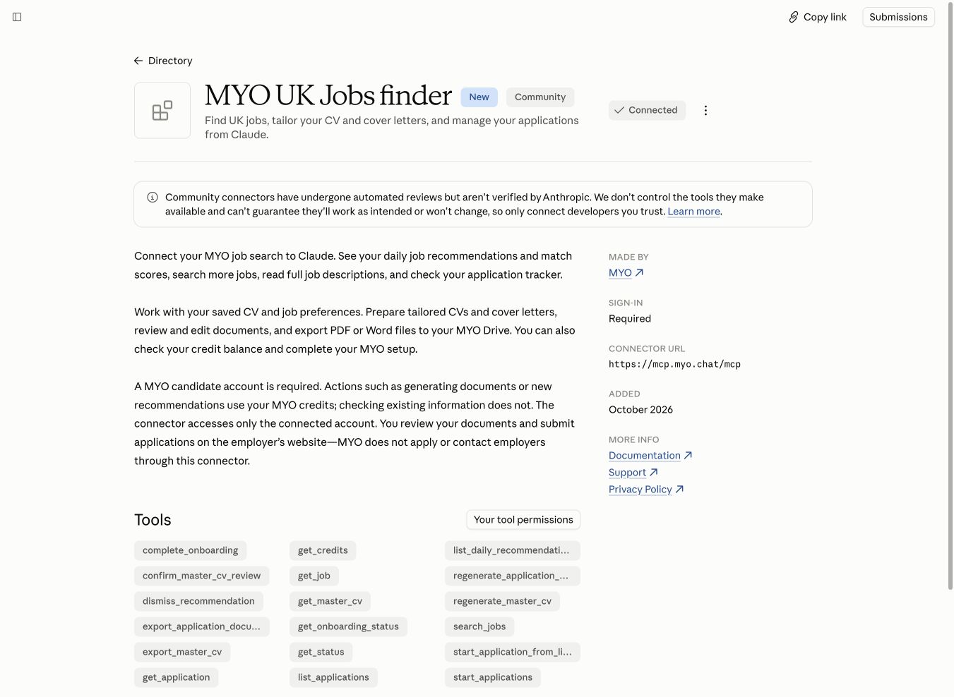 The published MYO UK Jobs finder listing in Claude, shown connected.