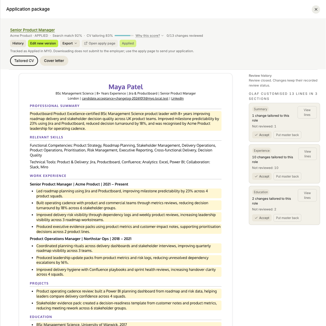 An example application CV with Edit new version and History available after it is marked Applied.